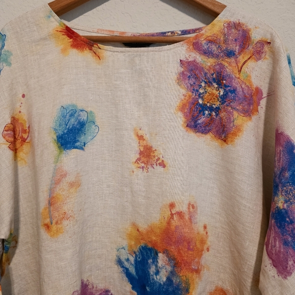 NWT Ali Miles Top Linen & Cotton Watercolor Floral Artsy Lagenlook Womens Large - Picture 3 of 16